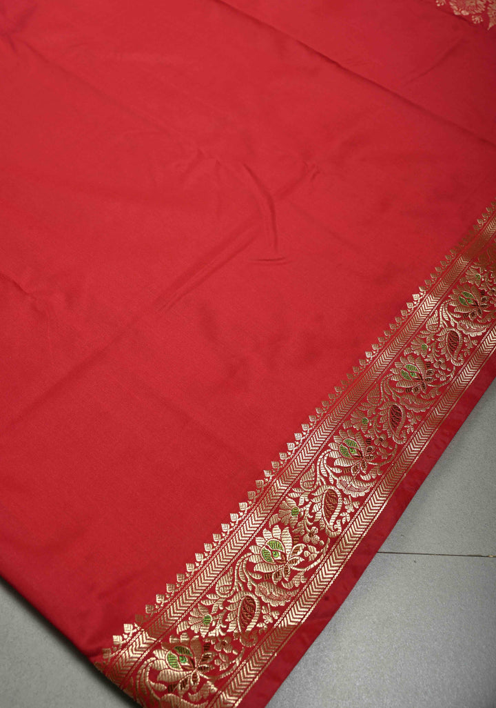 Chilli Red Semi Silk Saree with Minimal Meenakari Floral Zari Border | SHOBITAM