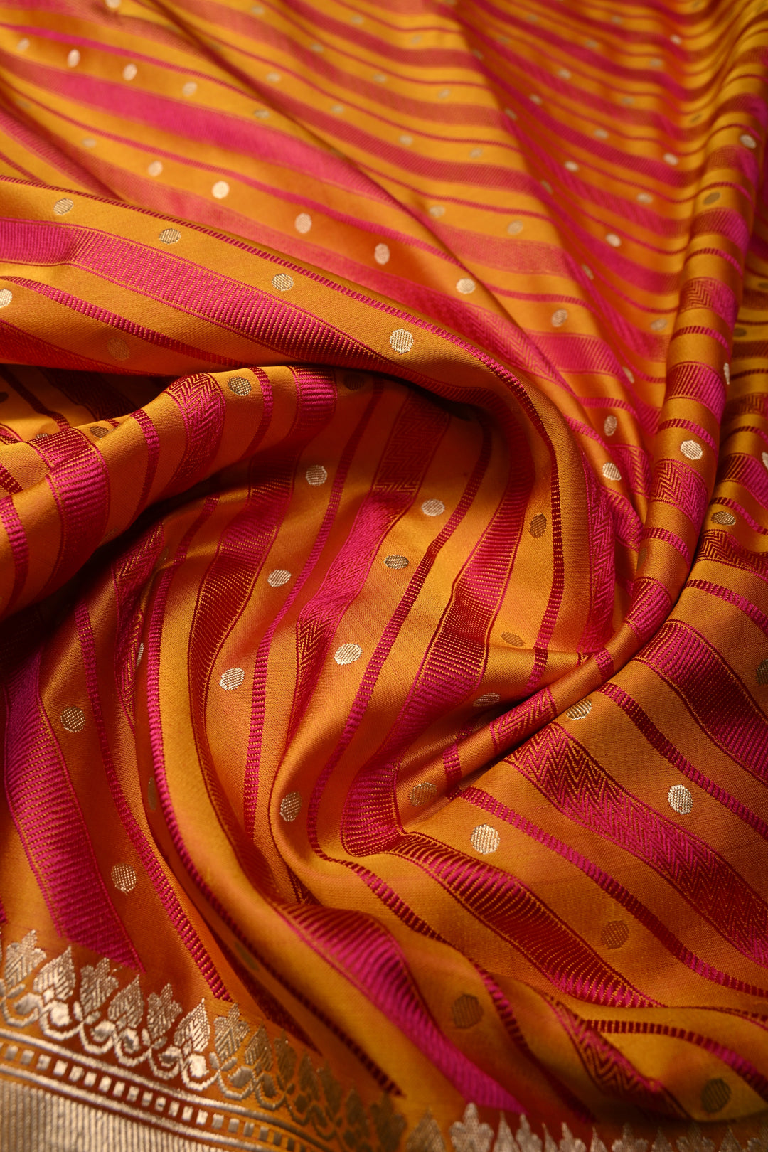 Yellowish Orange-Pink Dual Tone Stripes on Tanchoi Banarasi Silk Saree in Pure Silk Satin with Zari Polka Dots and Zari Border| SILK MARK CERTIFIED | SHOBITAM