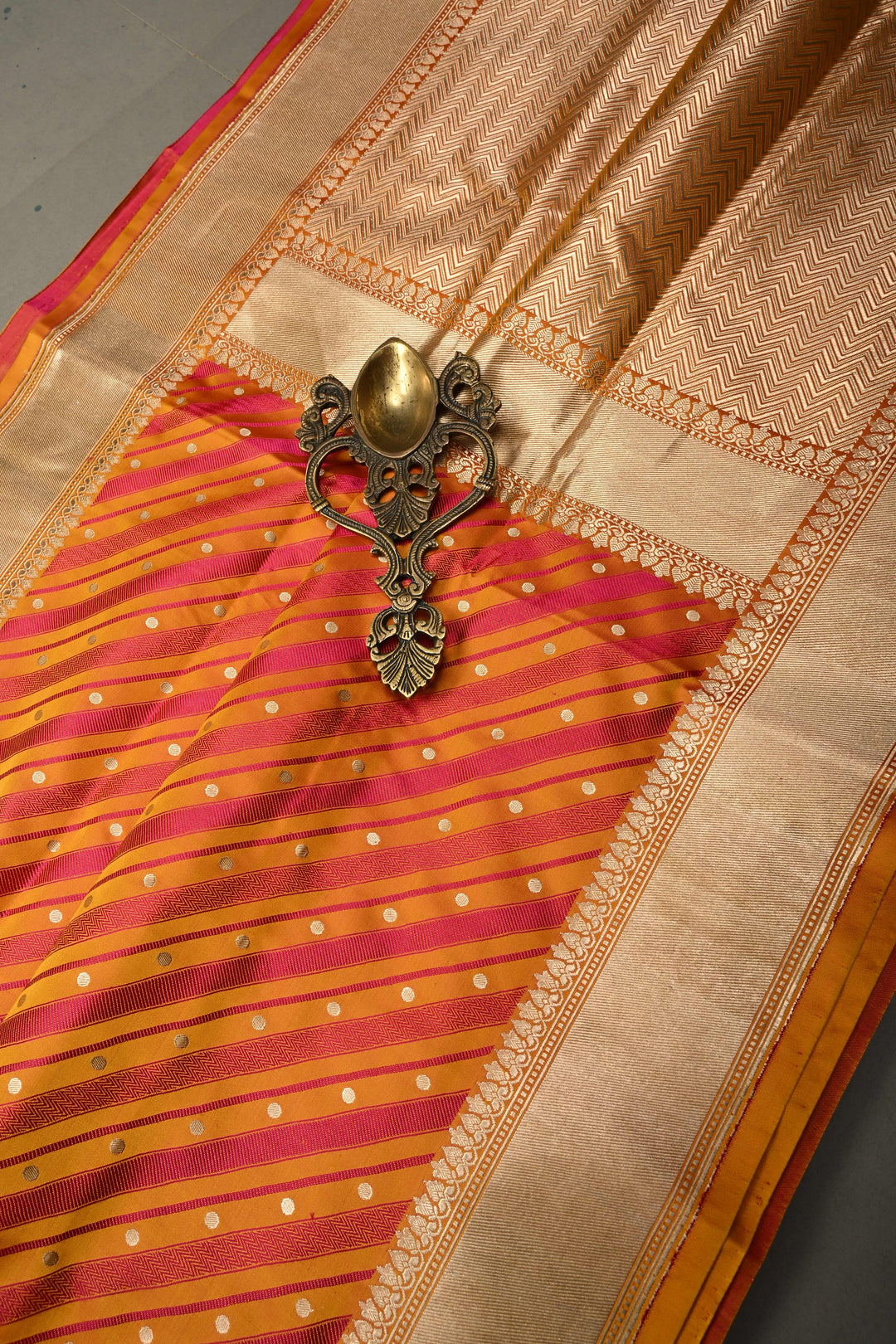 Yellowish Orange-Pink Dual Tone Stripes on Tanchoi Banarasi Silk Saree in Pure Silk Satin with Zari Polka Dots and Zari Border| SILK MARK CERTIFIED | SHOBITAM