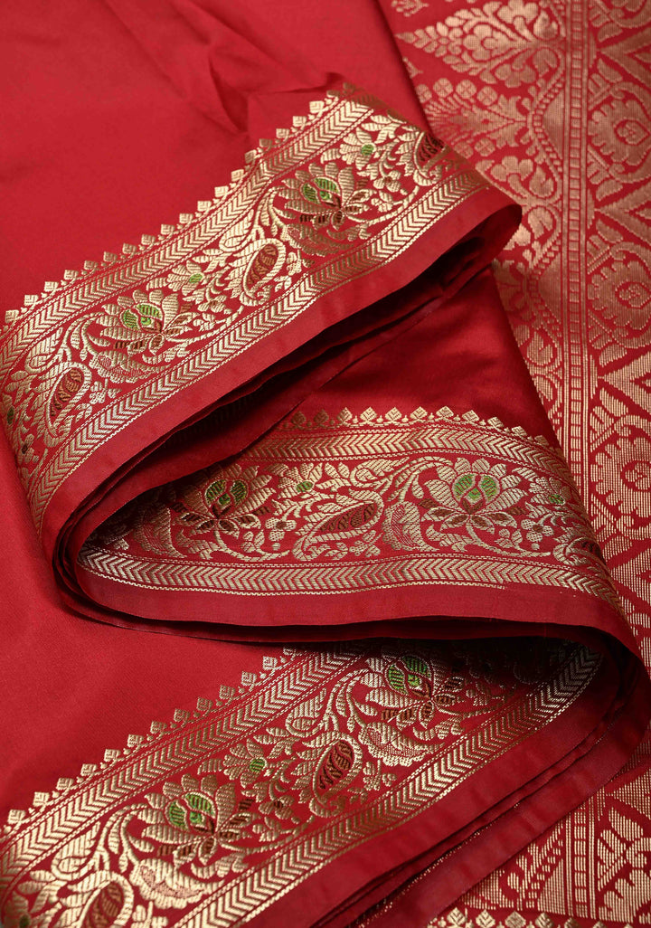 Chilli Red Semi Silk Saree with Minimal Meenakari Floral Zari Border | SHOBITAM