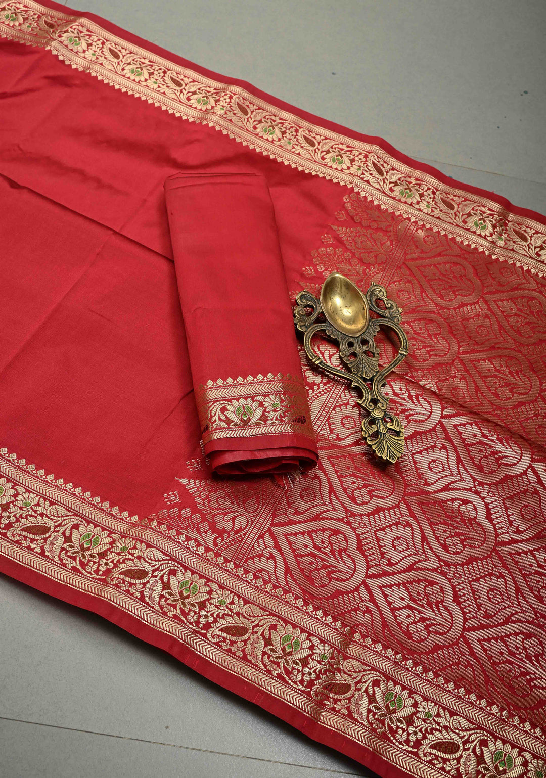 Chilli Red Semi Silk Saree with Minimal Meenakari Floral Zari Border | SHOBITAM