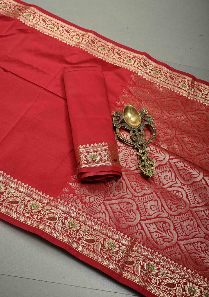 Chilli Red Semi Silk Saree with Minimal Meenakari Floral Zari Border | SHOBITAM