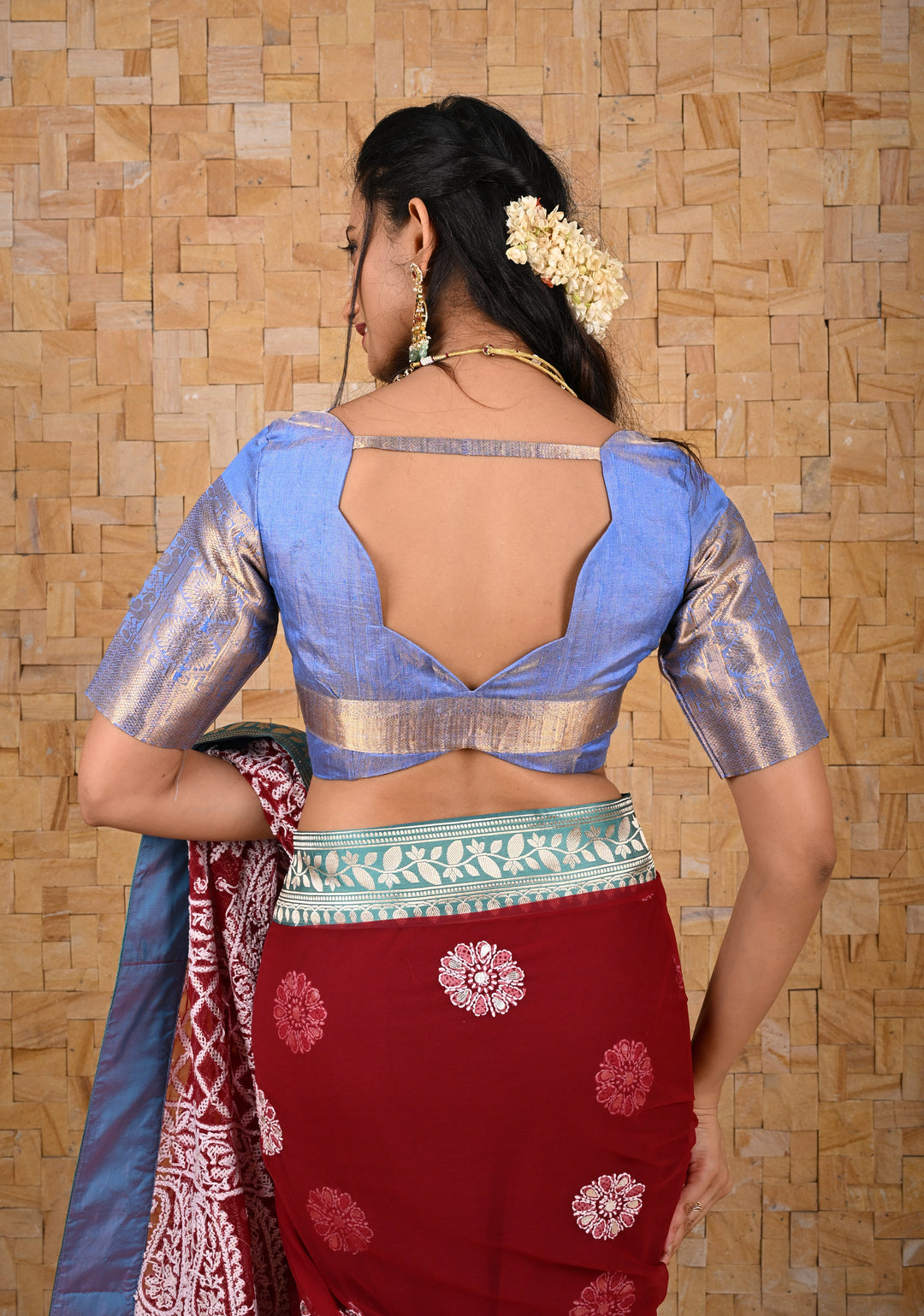 Aegean Blue Pure Tissue Raw Silk Blouse with Wide Zari Detailing and scallop neck, Customizable, Made to Order