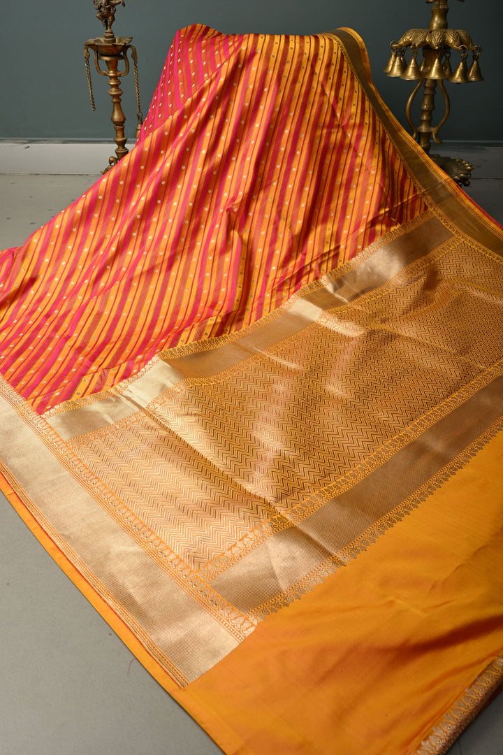 Yellowish Orange-Pink Dual Tone Stripes on Tanchoi Banarasi Silk Saree in Pure Silk Satin with Zari Polka Dots and Zari Border| SILK MARK CERTIFIED | SHOBITAM