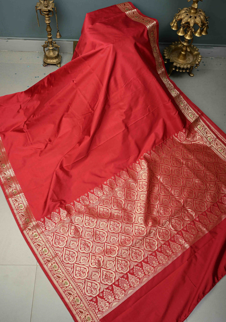 Chilli Red Semi Silk Saree with Minimal Meenakari Floral Zari Border | SHOBITAM