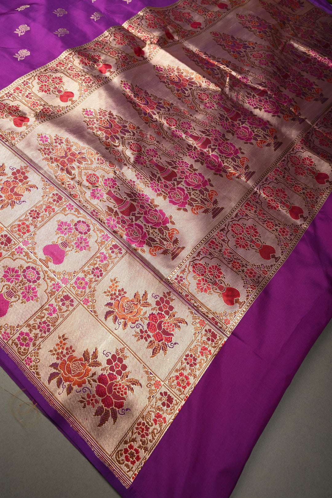 Purple Pure Banarasi Katan Silk Saree with Floral Zari Buttas and Paithani Style Meenakari Zari Border | SILK MARK CERTIFIED | SHOBITAM
