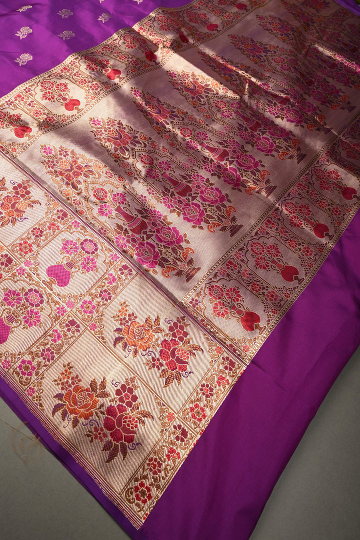 Purple Pure Banarasi Katan Silk Saree with Floral Zari Buttas and Paithani Style Meenakari Zari Border | SILK MARK CERTIFIED | SHOBITAM