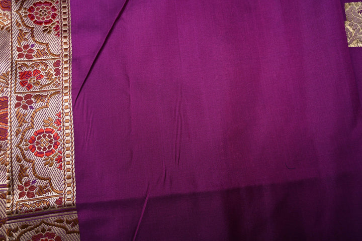Purple Pure Banarasi Katan Silk Saree with Floral Zari Buttas and Paithani Style Meenakari Zari Border | SILK MARK CERTIFIED | SHOBITAM