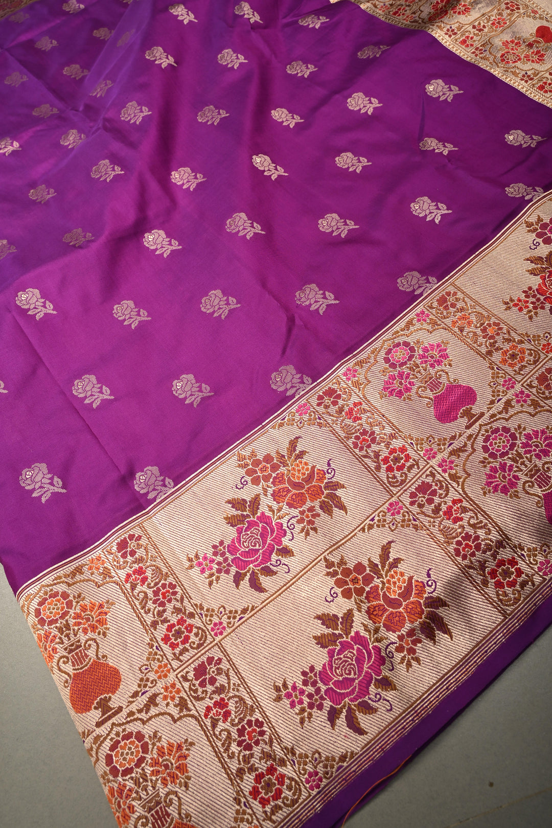Purple Pure Banarasi Katan Silk Saree with Floral Zari Buttas and Paithani Style Meenakari Zari Border | SILK MARK CERTIFIED | SHOBITAM