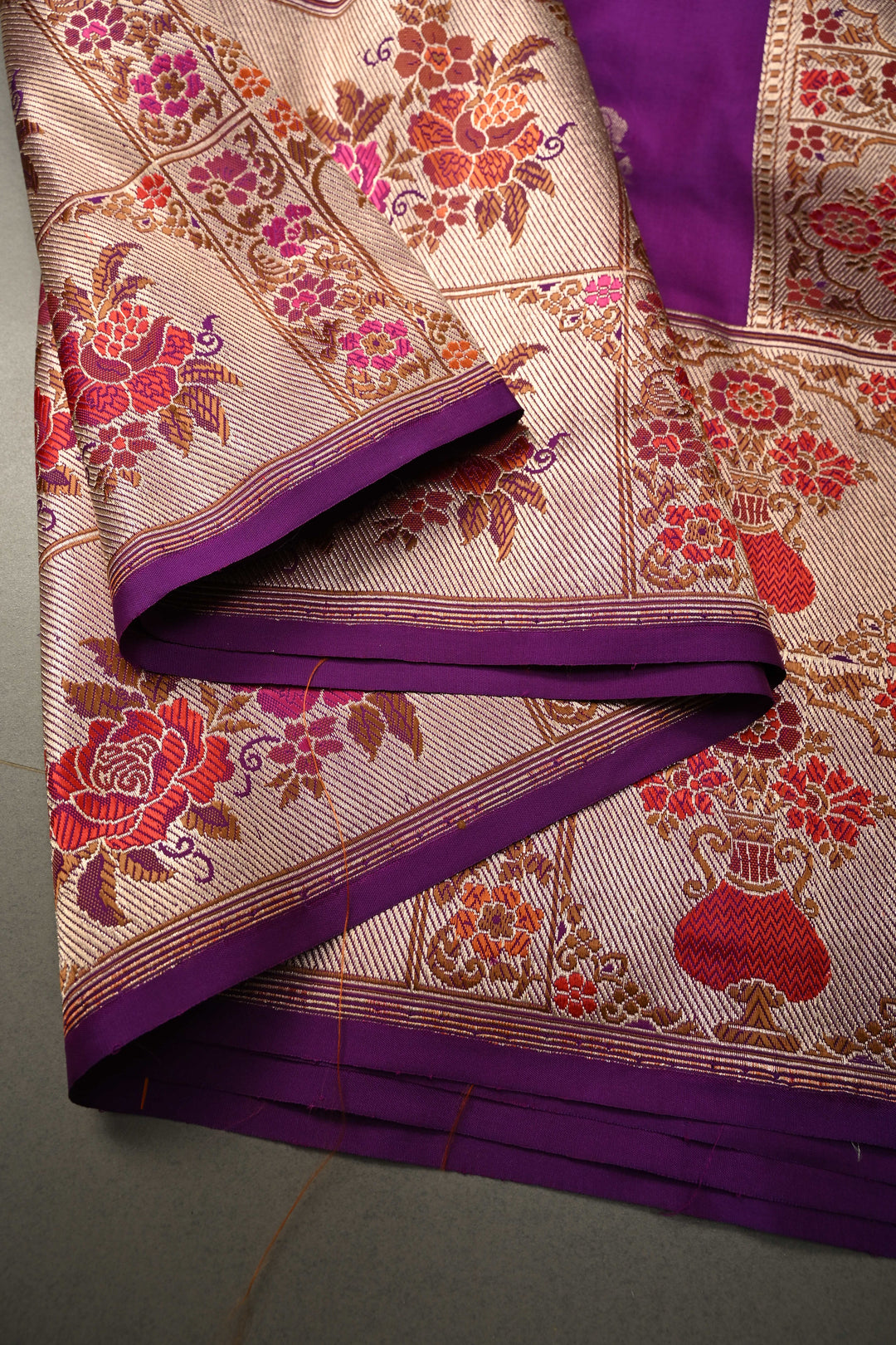 Purple Pure Banarasi Katan Silk Saree with Floral Zari Buttas and Paithani Style Meenakari Zari Border | SILK MARK CERTIFIED | SHOBITAM