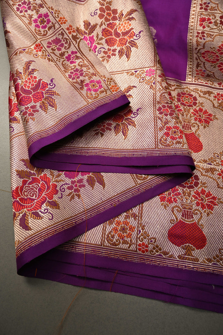 Purple Pure Banarasi Katan Silk Saree with Floral Zari Buttas and Paithani Style Meenakari Zari Border | SILK MARK CERTIFIED | SHOBITAM
