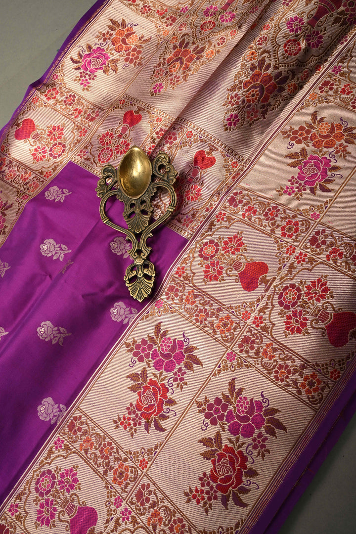 Purple Pure Banarasi Katan Silk Saree with Floral Zari Buttas and Paithani Style Meenakari Zari Border | SILK MARK CERTIFIED | SHOBITAM