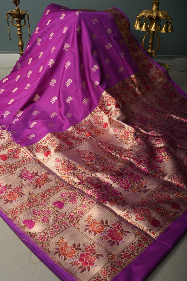 Purple Pure Banarasi Katan Silk Saree with Floral Zari Buttas and Paithani Style Meenakari Zari Border | SILK MARK CERTIFIED | SHOBITAM