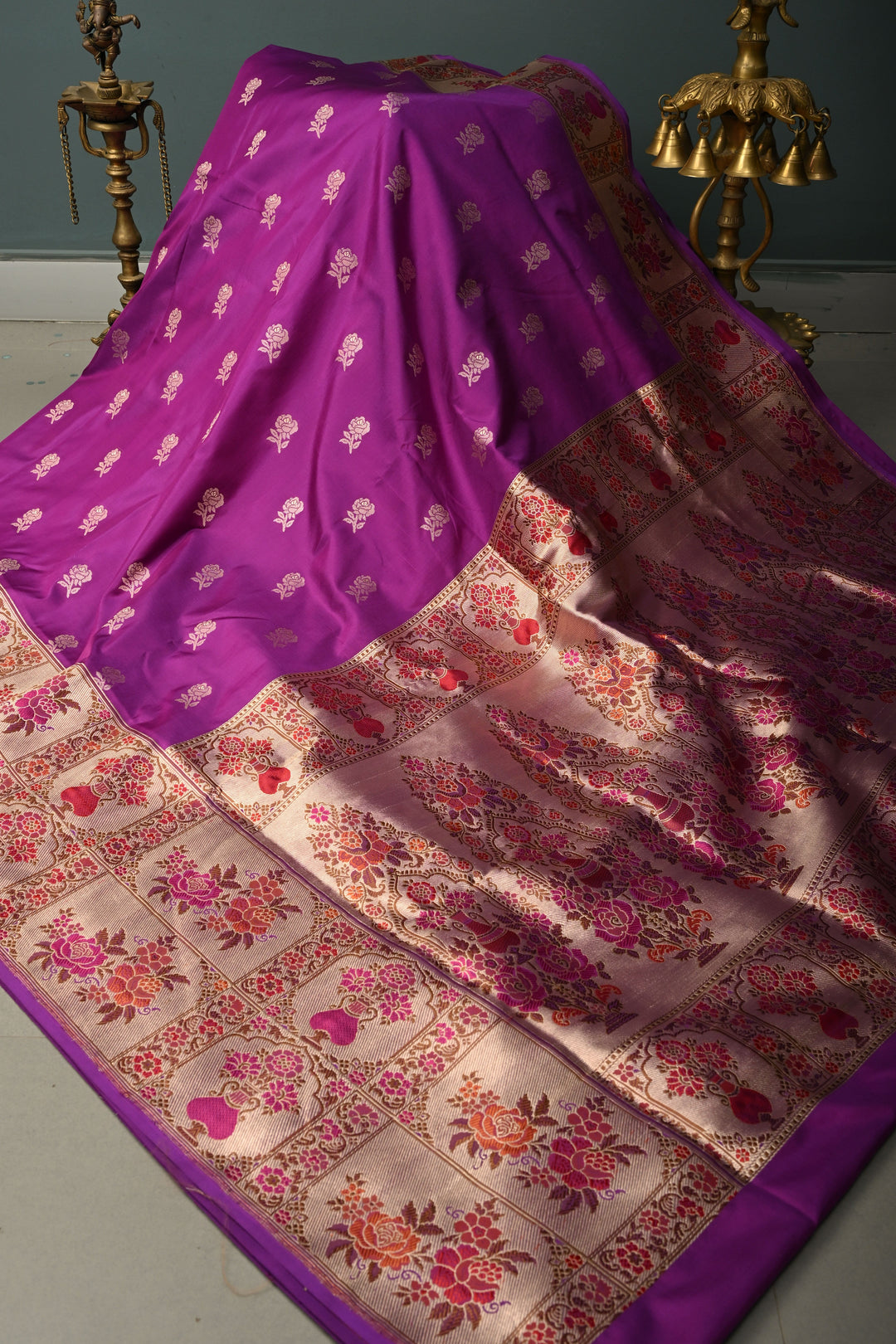 Purple Pure Banarasi Katan Silk Saree with Floral Zari Buttas and Paithani Style Meenakari Zari Border | SILK MARK CERTIFIED | SHOBITAM