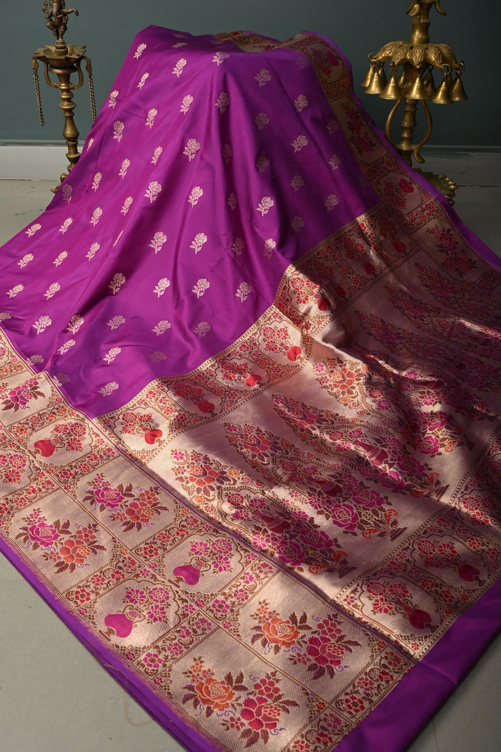 Purple Pure Banarasi Katan Silk Saree with Floral Zari Buttas and Paithani Style Meenakari Zari Border | SILK MARK CERTIFIED | SHOBITAM