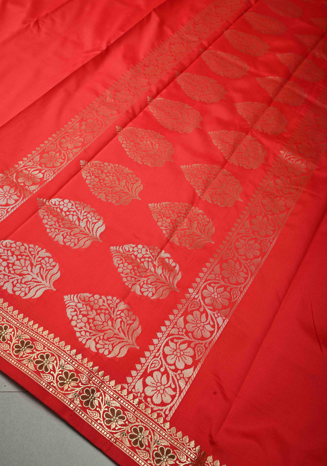 Red Semi Silk Saree with Meenakari Floral Minimal Zari Border | SHOBITAM