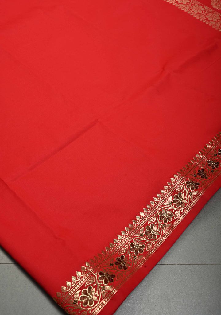 Red Semi Silk Saree with Meenakari Floral Minimal Zari Border | SHOBITAM