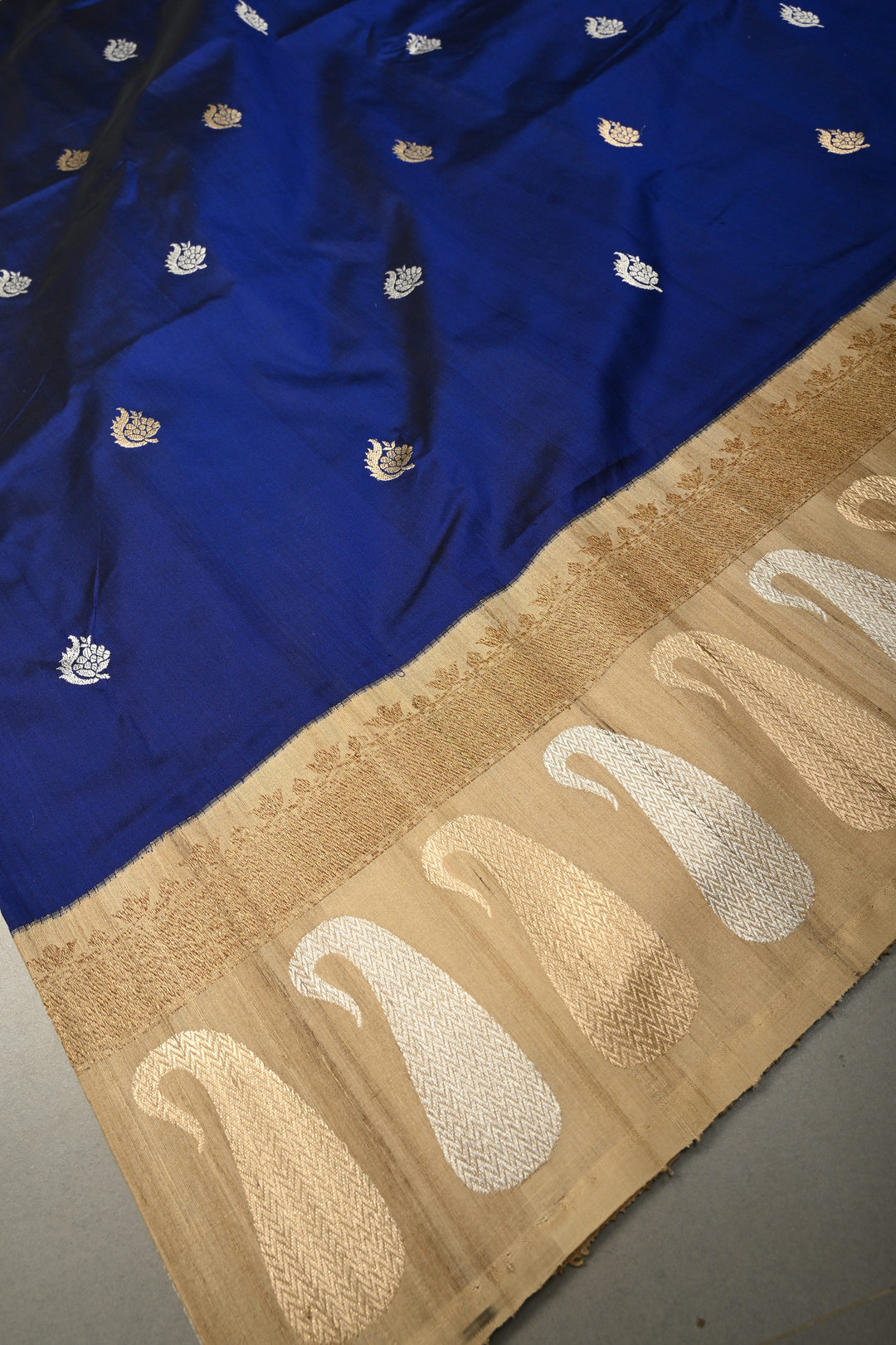 Royal Blue Koniya Motifs on Pure Banarasi Katan Silk Saree with Sona Rupa Floral Zari Buttas and Contrast Paisley Zari Border | SILK MARK CERTIFIED | SHOBITAM