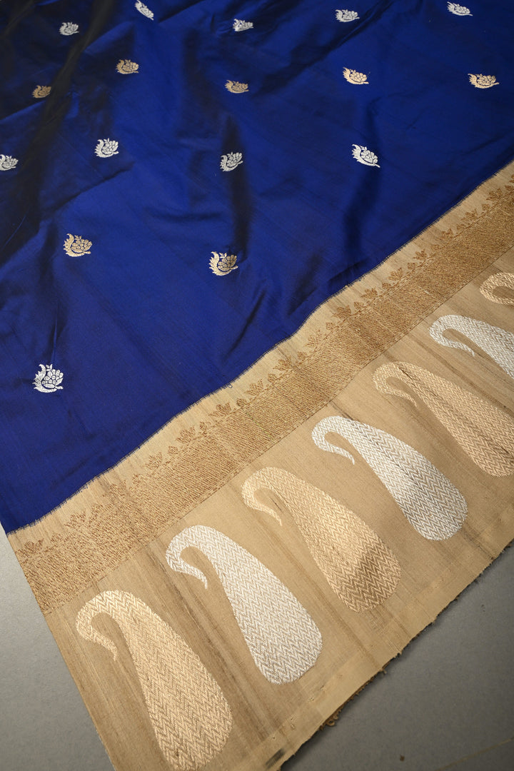 Royal Blue Koniya Motifs on Pure Banarasi Katan Silk Saree with Sona Rupa Floral Zari Buttas and Contrast Paisley Zari Border | SILK MARK CERTIFIED | SHOBITAM