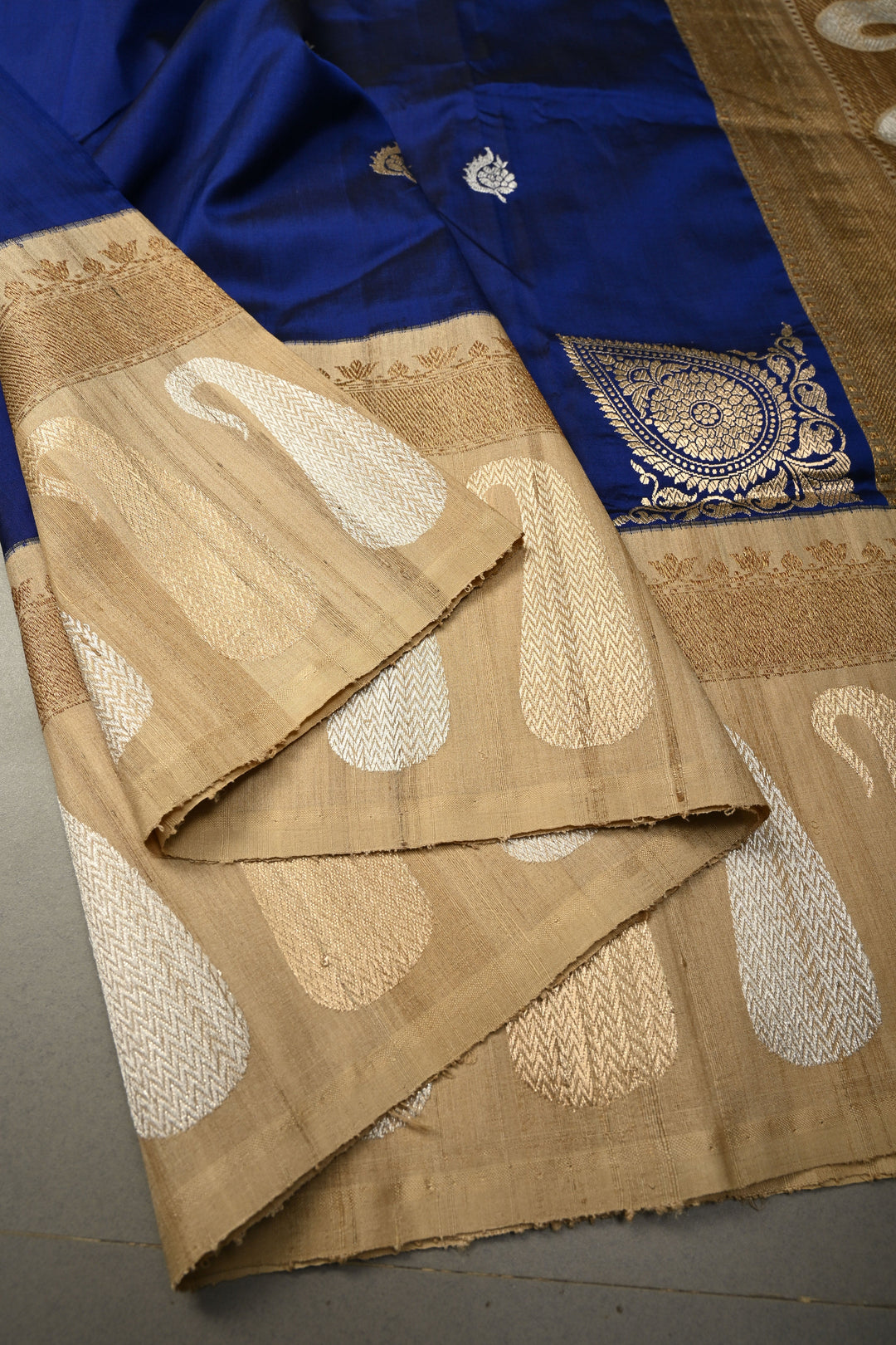 Royal Blue Koniya Motifs on Pure Banarasi Katan Silk Saree with Sona Rupa Floral Zari Buttas and Contrast Paisley Zari Border | SILK MARK CERTIFIED | SHOBITAM