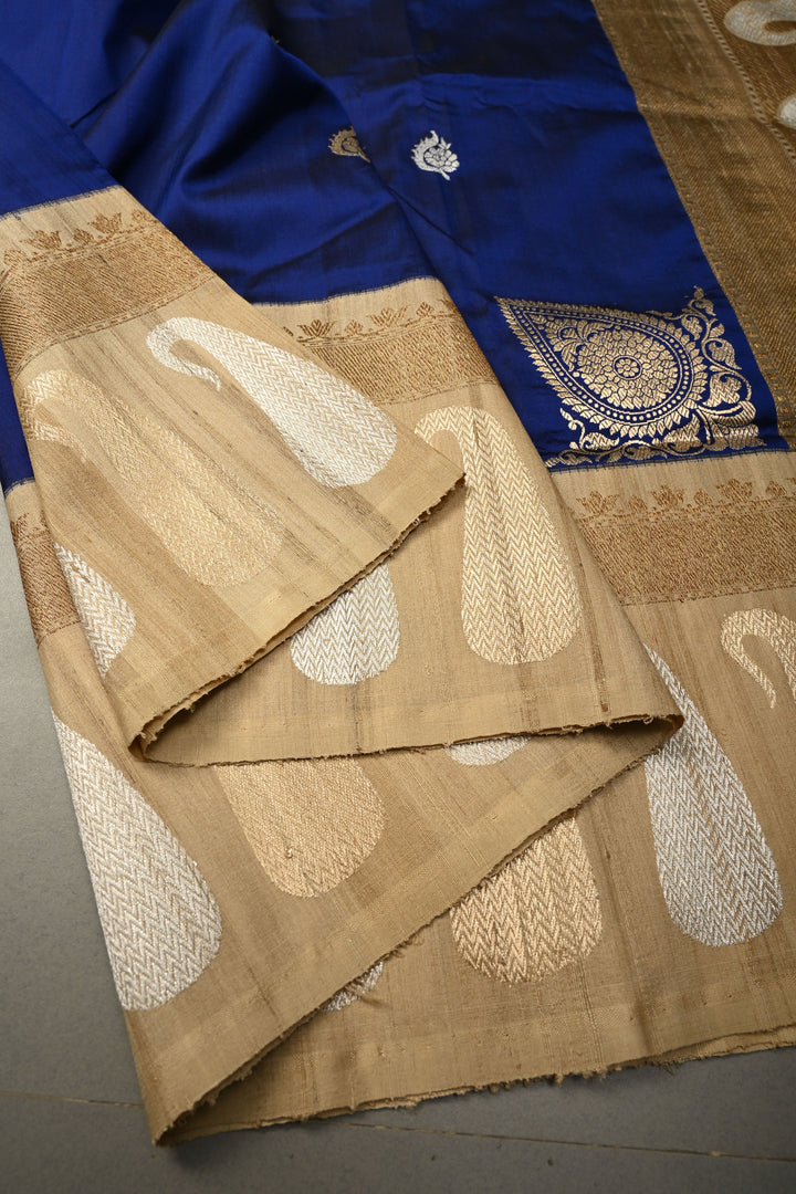 Royal Blue Koniya Motifs on Pure Banarasi Katan Silk Saree with Sona Rupa Floral Zari Buttas and Contrast Paisley Zari Border | SILK MARK CERTIFIED | SHOBITAM