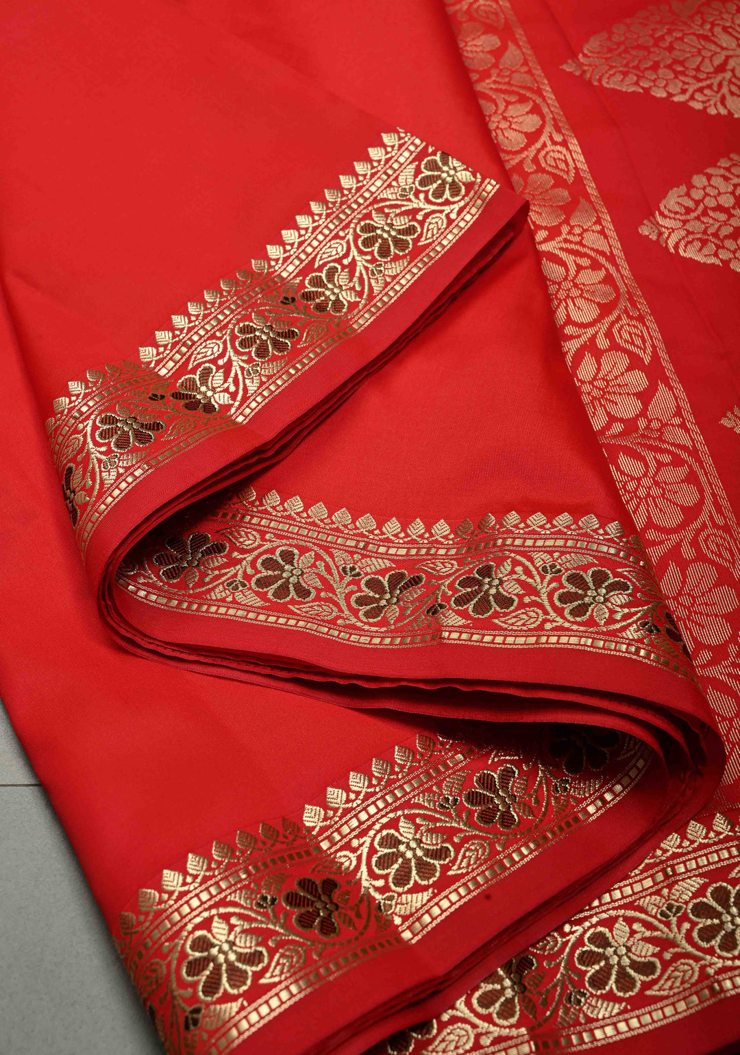 Red Semi Silk Saree with Meenakari Floral Minimal Zari Border | SHOBITAM