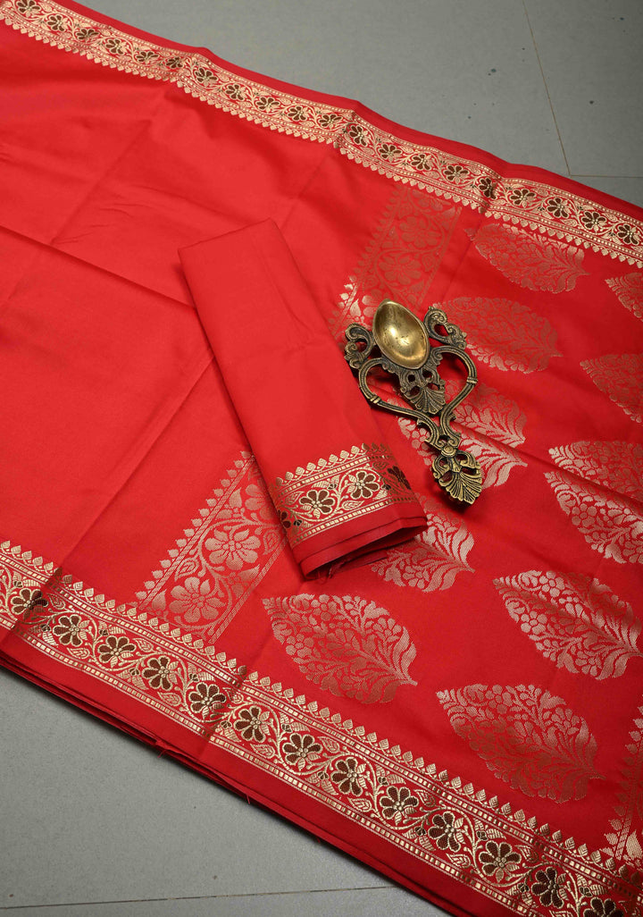 Red Semi Silk Saree with Meenakari Floral Minimal Zari Border | SHOBITAM
