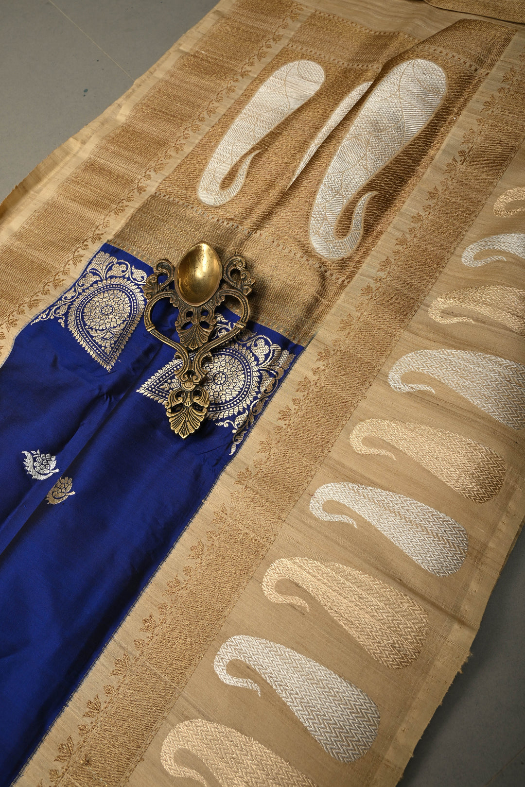 Royal Blue Koniya Motifs on Pure Banarasi Katan Silk Saree with Sona Rupa Floral Zari Buttas and Contrast Paisley Zari Border | SILK MARK CERTIFIED | SHOBITAM