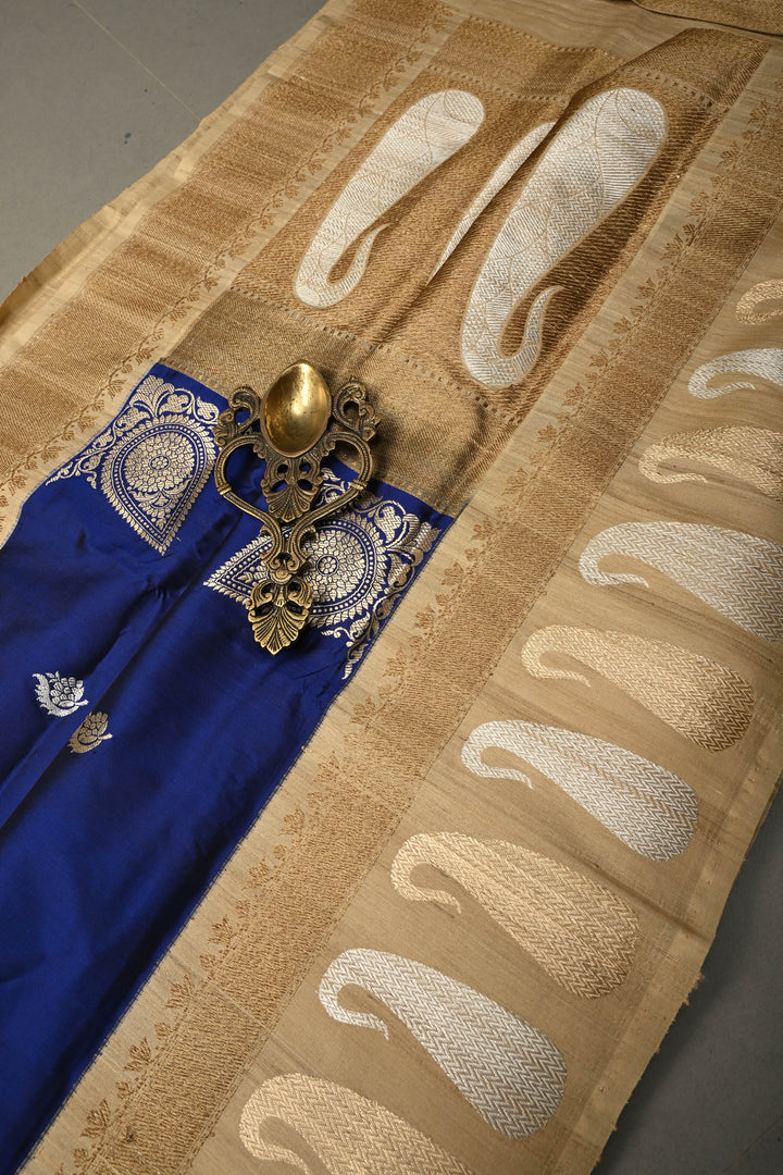Royal Blue Koniya Motifs on Pure Banarasi Katan Silk Saree with Sona Rupa Floral Zari Buttas and Contrast Paisley Zari Border | SILK MARK CERTIFIED | SHOBITAM