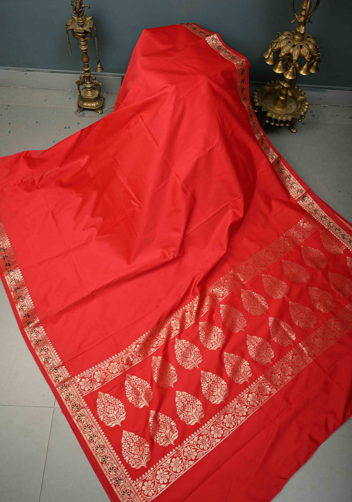 Red Semi Silk Saree with Meenakari Floral Minimal Zari Border | SHOBITAM