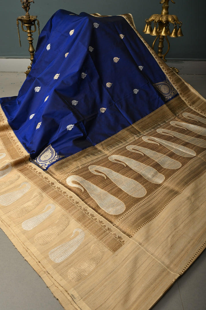 Royal Blue Koniya Motifs on Pure Banarasi Katan Silk Saree with Sona Rupa Floral Zari Buttas and Contrast Paisley Zari Border | SILK MARK CERTIFIED | SHOBITAM