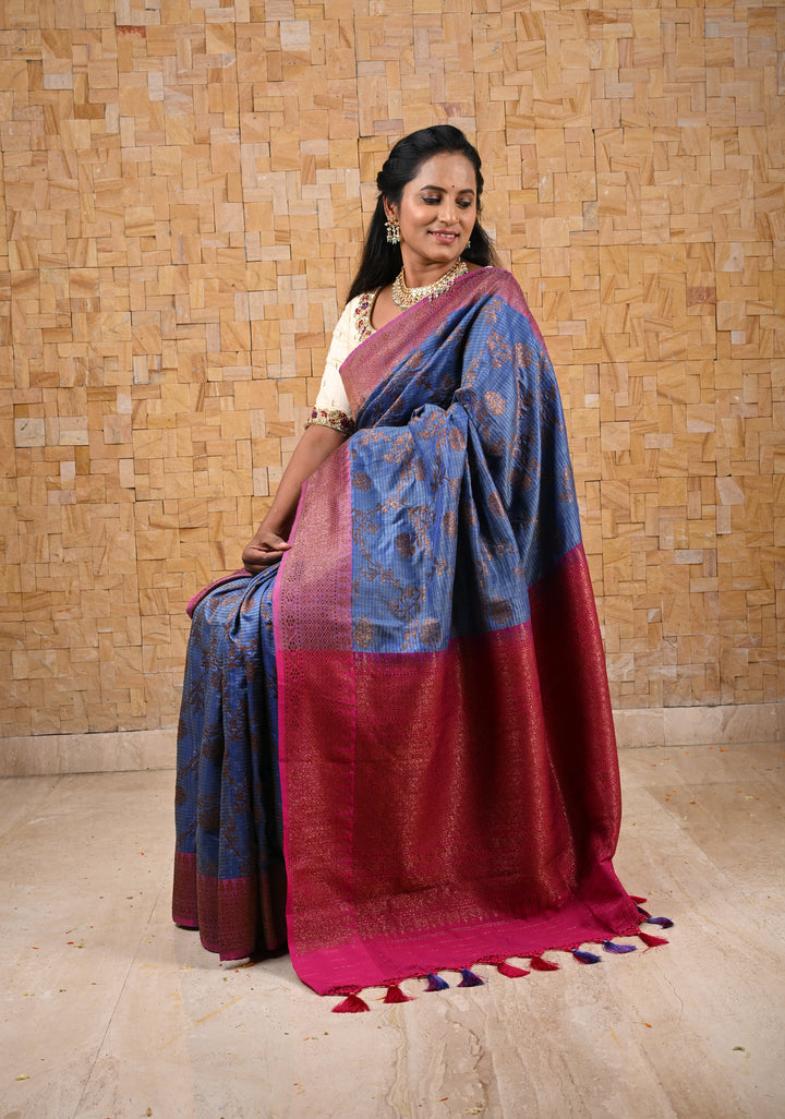 Pure Banarasi Dupion Silk Saree in Blue with Antique Floral Jaal and contrast border | SILK MARK CERTIFIED