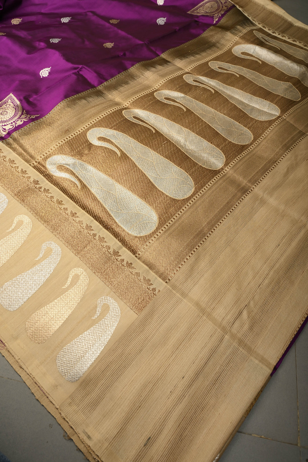 Plum Koniya Motifs on Pure Banarasi Katan Silk Saree with Sona Rupa Floral Zari Buttas and Contrast Paisley Zari Border | SILK MARK CERTIFIED | SHOBITAM