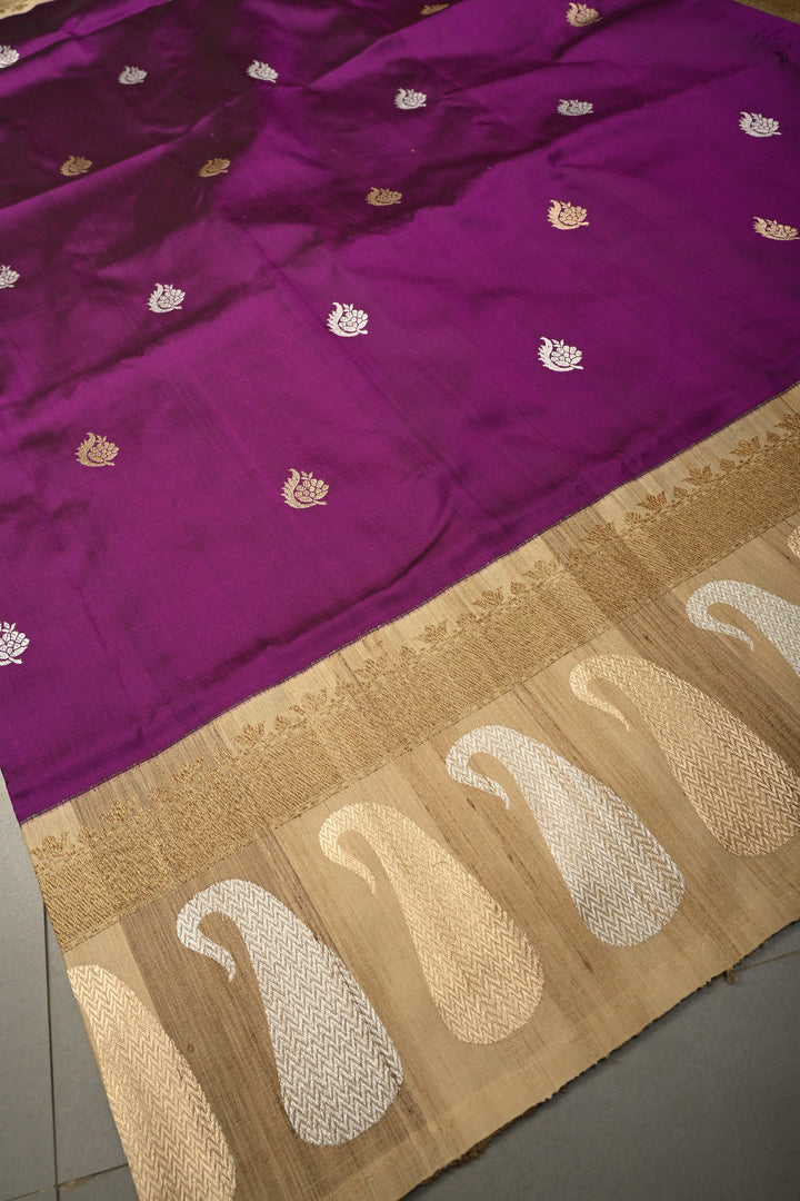 Plum Koniya Motifs on Pure Banarasi Katan Silk Saree with Sona Rupa Floral Zari Buttas and Contrast Paisley Zari Border | SILK MARK CERTIFIED | SHOBITAM