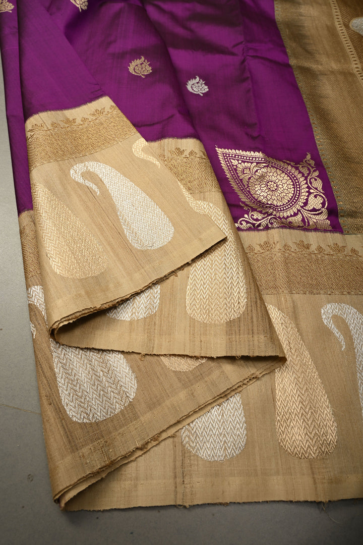 Plum Koniya Motifs on Pure Banarasi Katan Silk Saree with Sona Rupa Floral Zari Buttas and Contrast Paisley Zari Border | SILK MARK CERTIFIED | SHOBITAM