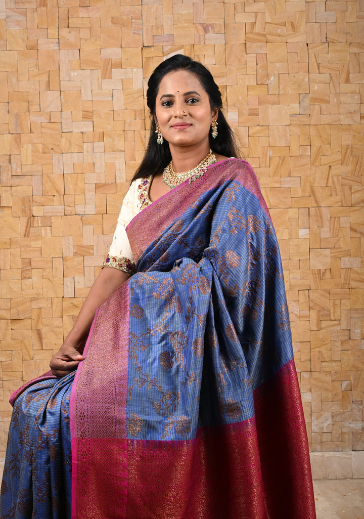Pure Banarasi Dupion Silk Saree in Blue with Antique Floral Jaal and contrast border | SILK MARK CERTIFIED