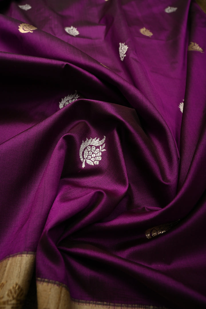 Plum Koniya Motifs on Pure Banarasi Katan Silk Saree with Sona Rupa Floral Zari Buttas and Contrast Paisley Zari Border | SILK MARK CERTIFIED | SHOBITAM