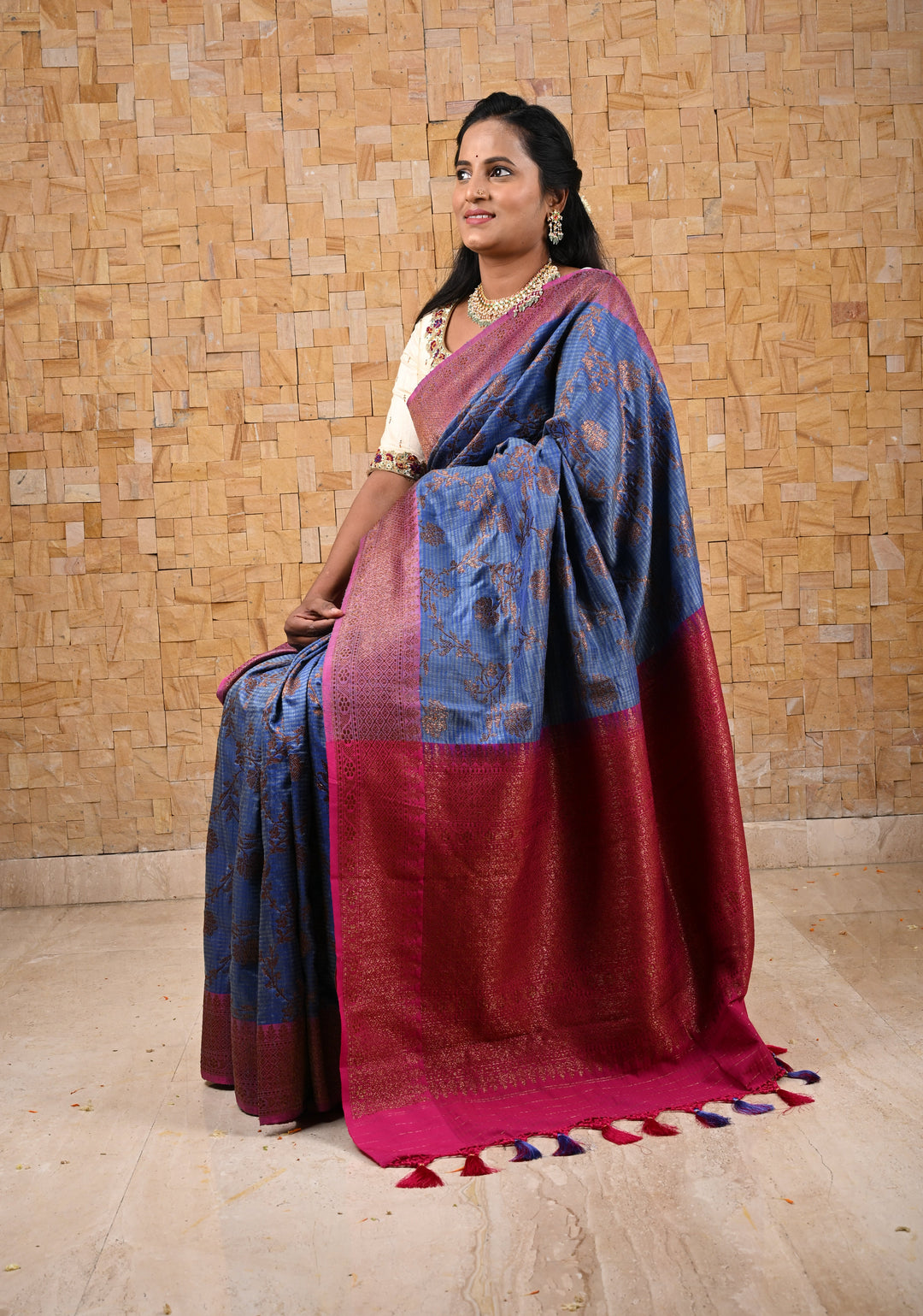 Pure Banarasi Dupion Silk Saree in Blue with Antique Floral Jaal and contrast border | SILK MARK CERTIFIED
