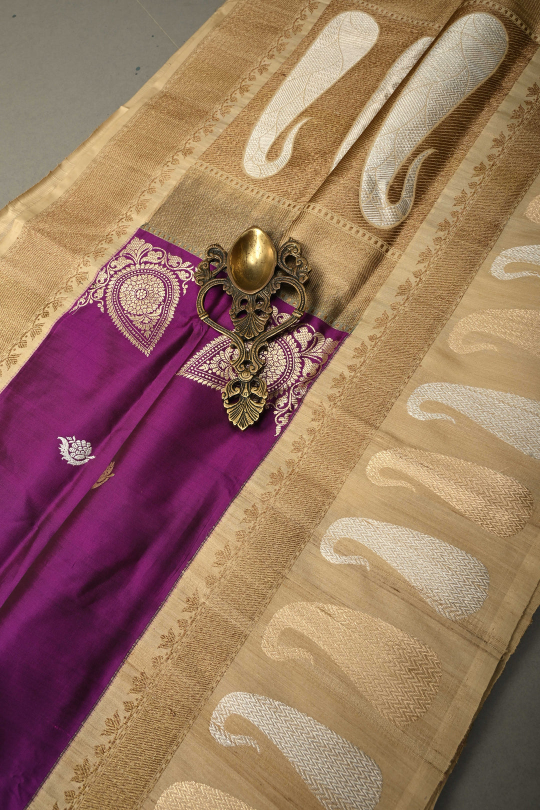 Plum Koniya Motifs on Pure Banarasi Katan Silk Saree with Sona Rupa Floral Zari Buttas and Contrast Paisley Zari Border | SILK MARK CERTIFIED | SHOBITAM