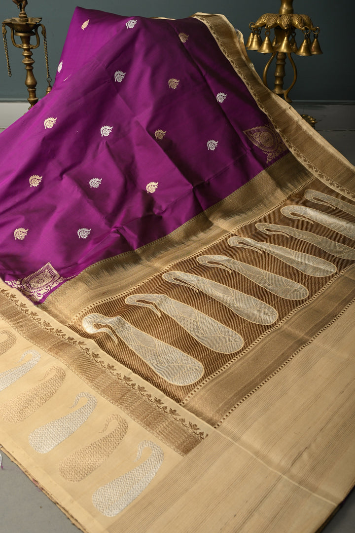 Plum Koniya Motifs on Pure Banarasi Katan Silk Saree with Sona Rupa Floral Zari Buttas and Contrast Paisley Zari Border | SILK MARK CERTIFIED | SHOBITAM