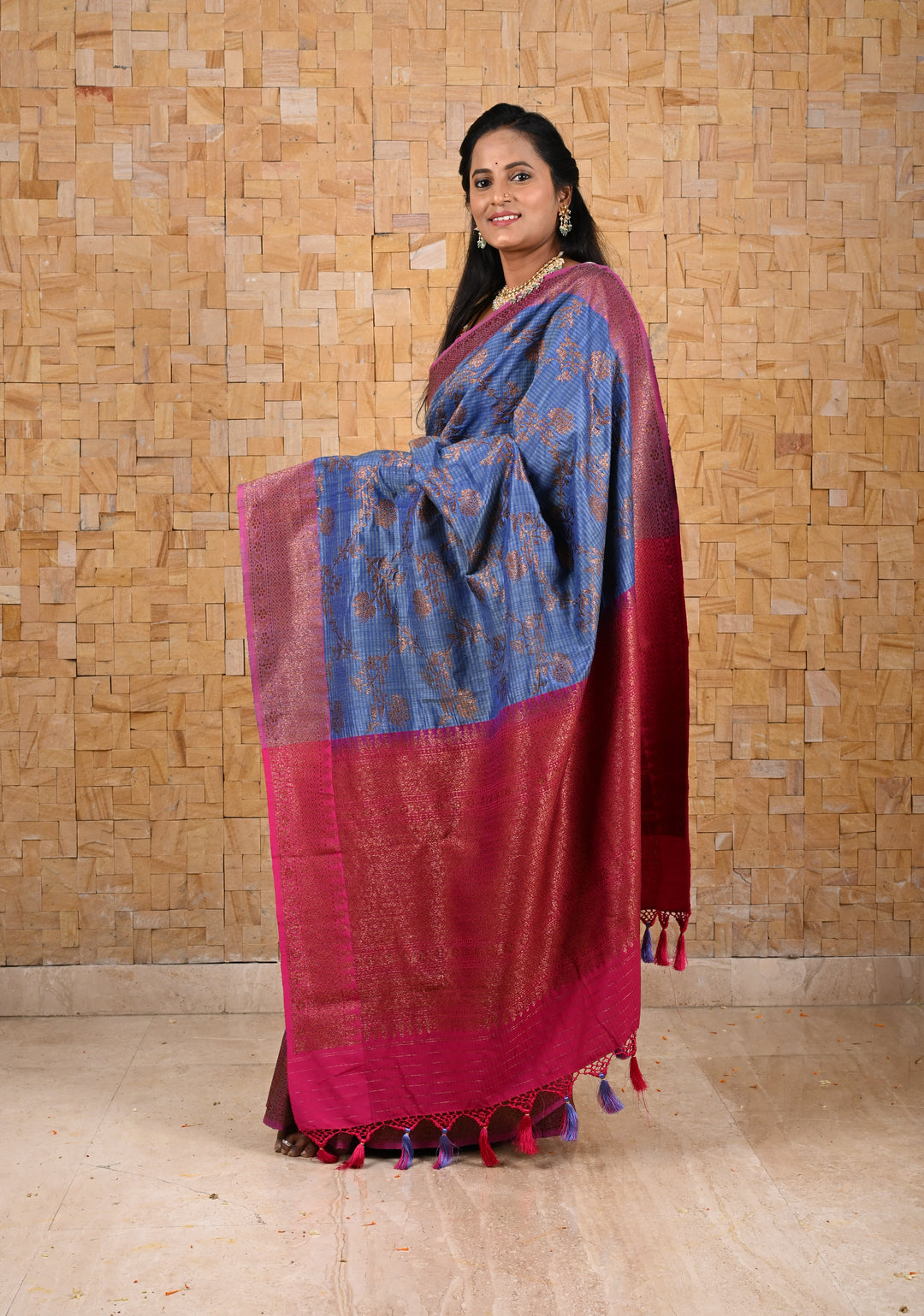 Pure Banarasi Dupion Silk Saree in Blue with Antique Floral Jaal and contrast border | SILK MARK CERTIFIED