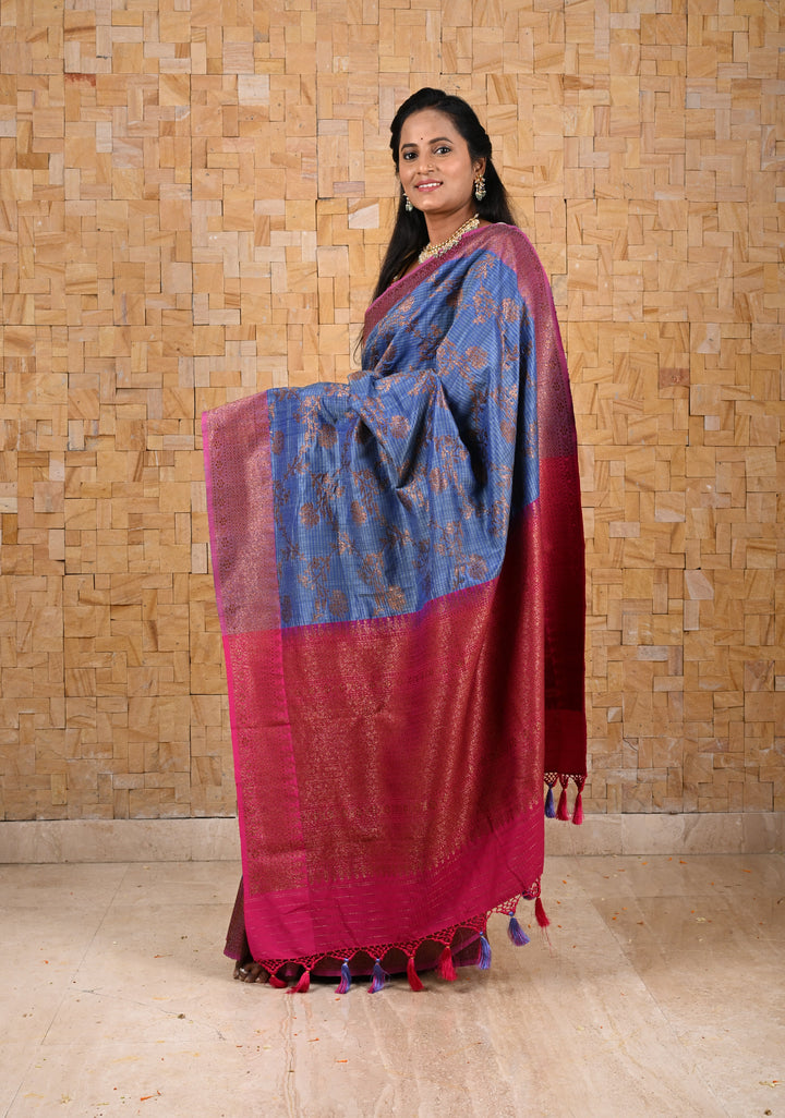 Pure Banarasi Dupion Silk Saree in Blue with Antique Floral Jaal and contrast border | SILK MARK CERTIFIED