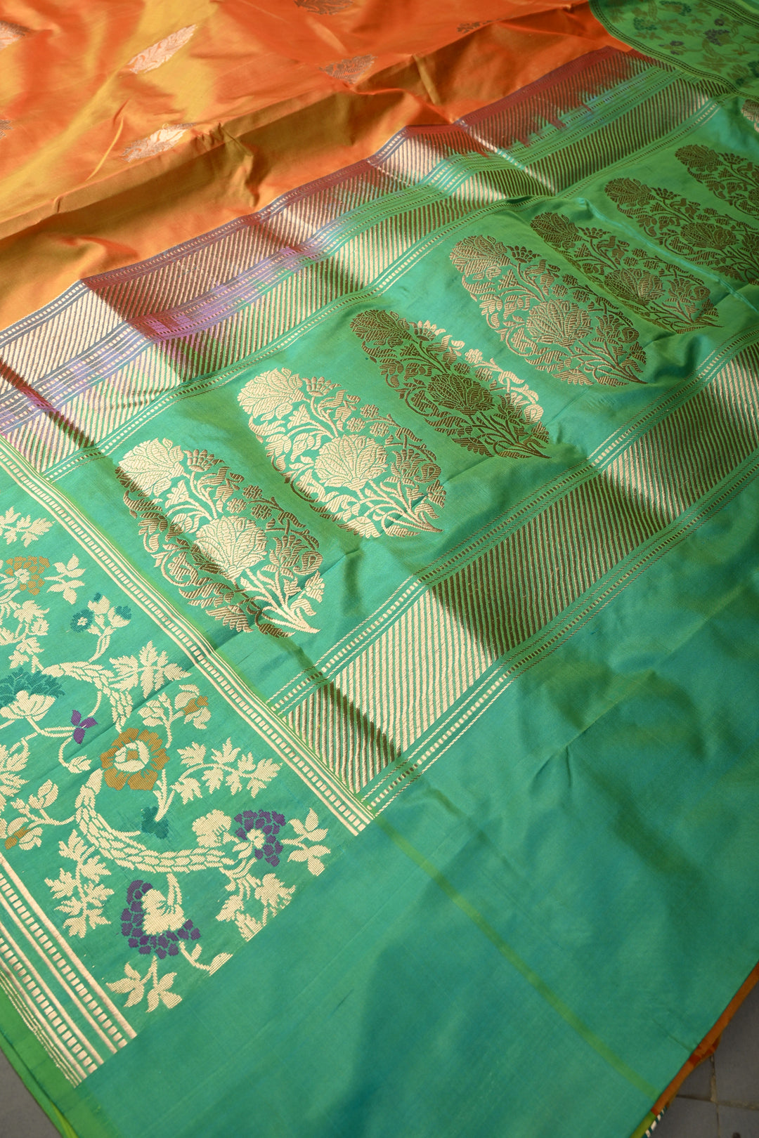 Yellow-Orange Dual Tone Pure Banarasi Katan Silk Saree with Floral Zari Buttas and Paithani Style Meenakari Contrast Zari Border | SILK MARK CERTIFIED | SHOBITAM