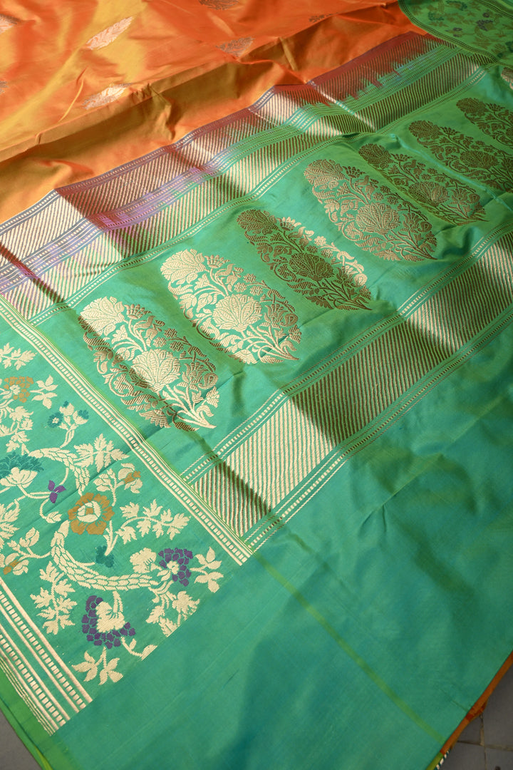 Yellow-Orange Dual Tone Pure Banarasi Katan Silk Saree with Floral Zari Buttas and Paithani Style Meenakari Contrast Zari Border | SILK MARK CERTIFIED | SHOBITAM