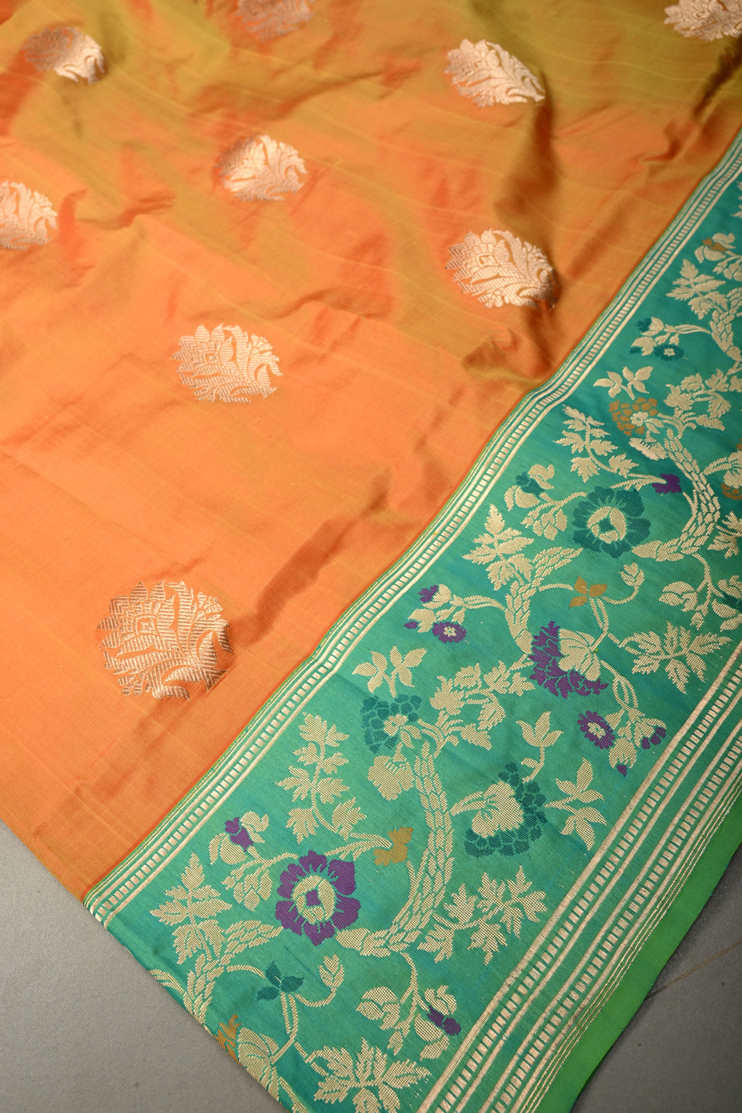 Yellow-Orange Dual Tone Pure Banarasi Katan Silk Saree with Floral Zari Buttas and Paithani Style Meenakari Contrast Zari Border | SILK MARK CERTIFIED | SHOBITAM