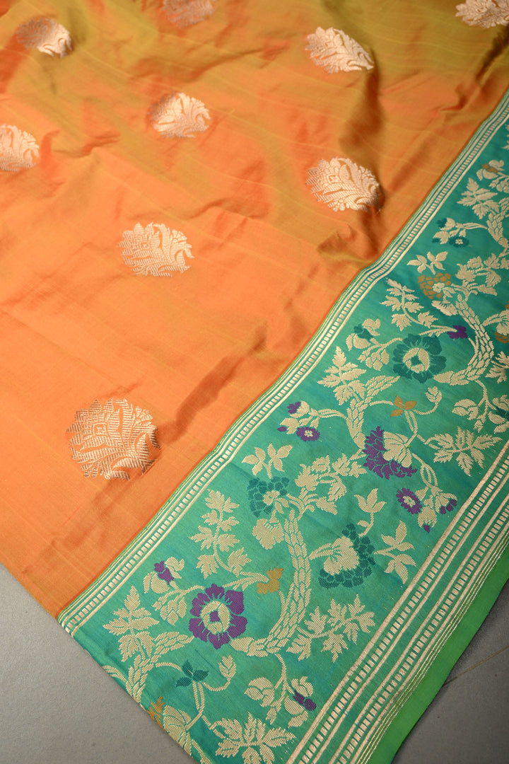 Yellow-Orange Dual Tone Pure Banarasi Katan Silk Saree with Floral Zari Buttas and Paithani Style Meenakari Contrast Zari Border | SILK MARK CERTIFIED | SHOBITAM