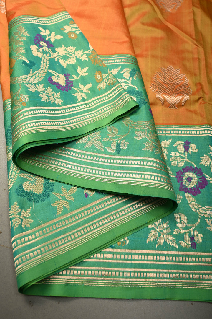 Yellow-Orange Dual Tone Pure Banarasi Katan Silk Saree with Floral Zari Buttas and Paithani Style Meenakari Contrast Zari Border | SILK MARK CERTIFIED | SHOBITAM