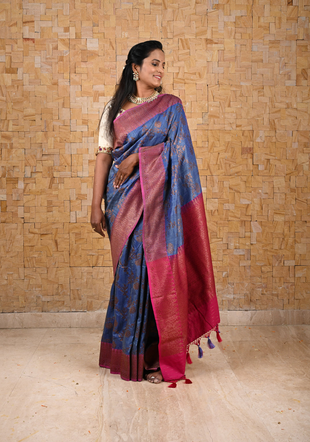 Pure Banarasi Dupion Silk Saree in Blue with Antique Floral Jaal and contrast border | SILK MARK CERTIFIED