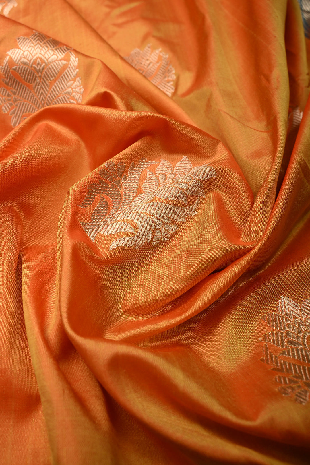 Yellow-Orange Dual Tone Pure Banarasi Katan Silk Saree with Floral Zari Buttas and Paithani Style Meenakari Contrast Zari Border | SILK MARK CERTIFIED | SHOBITAM