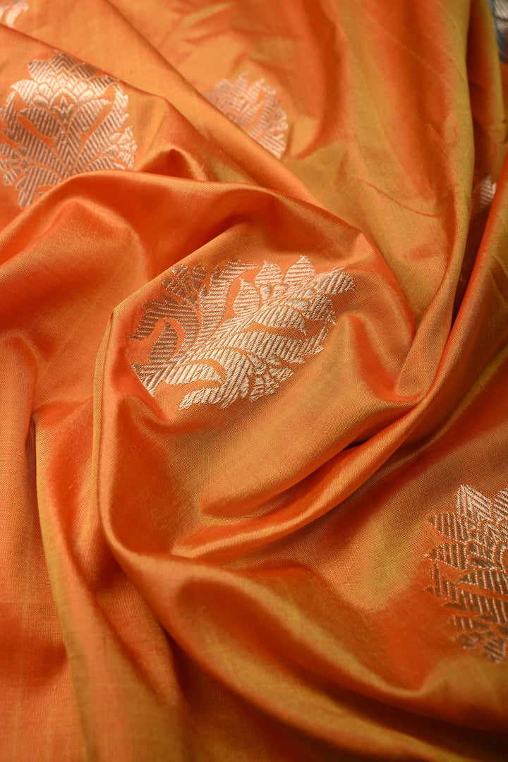 Yellow-Orange Dual Tone Pure Banarasi Katan Silk Saree with Floral Zari Buttas and Paithani Style Meenakari Contrast Zari Border | SILK MARK CERTIFIED | SHOBITAM